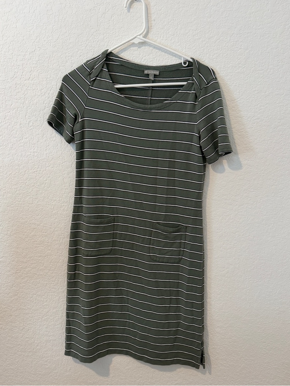 Talbots Olive Green Striped Short-Sleeve Pocket Dress